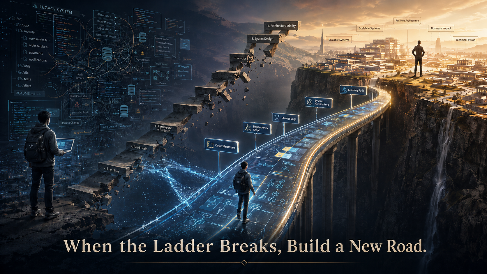 Career path illustration showing a broken ladder replaced by a road toward system architecture
